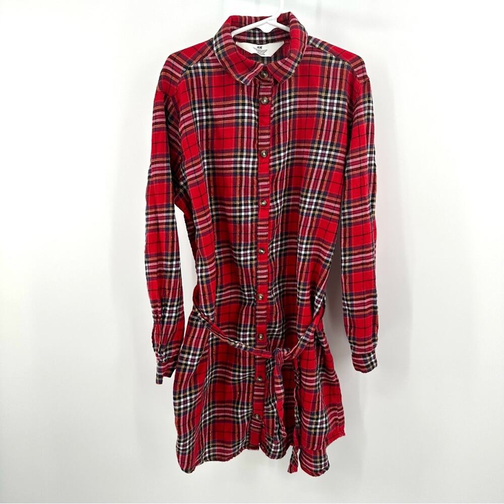 H&M girl’s belted red checkered plaid button down shirt dress Size US 10